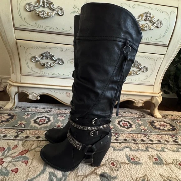 Not Rated Stacey High Harness Slouchy Boots Rhinestone Straps And Buckles - Picture 8 of 16